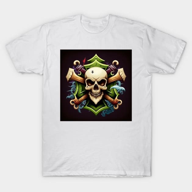 Skull and crossbones with neon green and light blue. T-Shirt by Liana Campbell